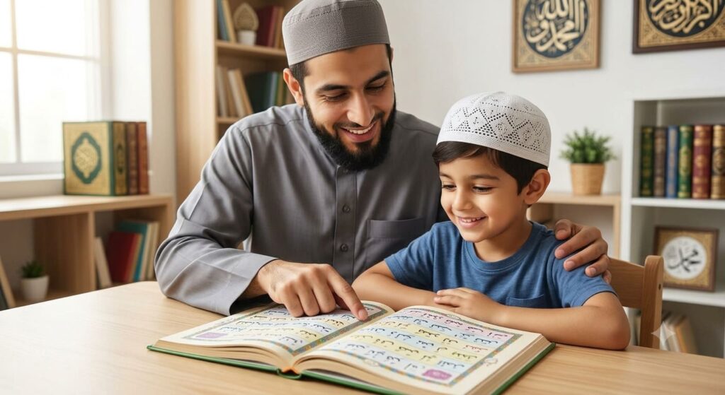 A patient teacher pointing to a colorful Qaida book for a smiling young boy, demonstrating why Tajweed is very necessary for kids.