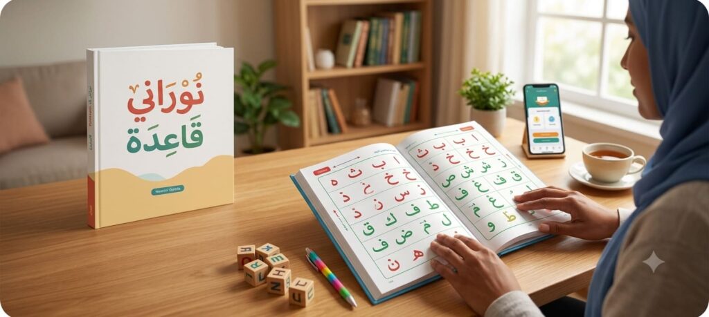 An open Noorani Qaida book with colorful Arabic letters on a wooden table, illustrating how to start your pathway to Quranic reading mastery.