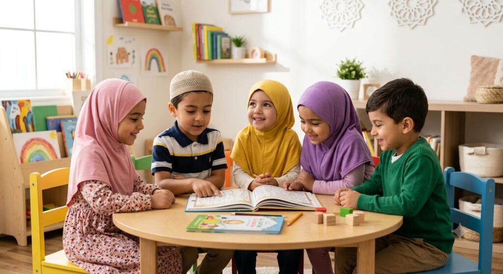 A group of young children wearing traditional clothes smiling while looking at a simplified Quran on a table, illustrating the best age to learn Quran for kids.