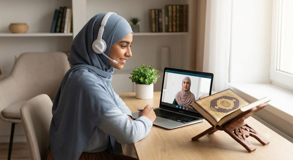 A student using a laptop and headset to learn Quran online at home with a teacher, featuring an open Holy Quran on a wooden stand.