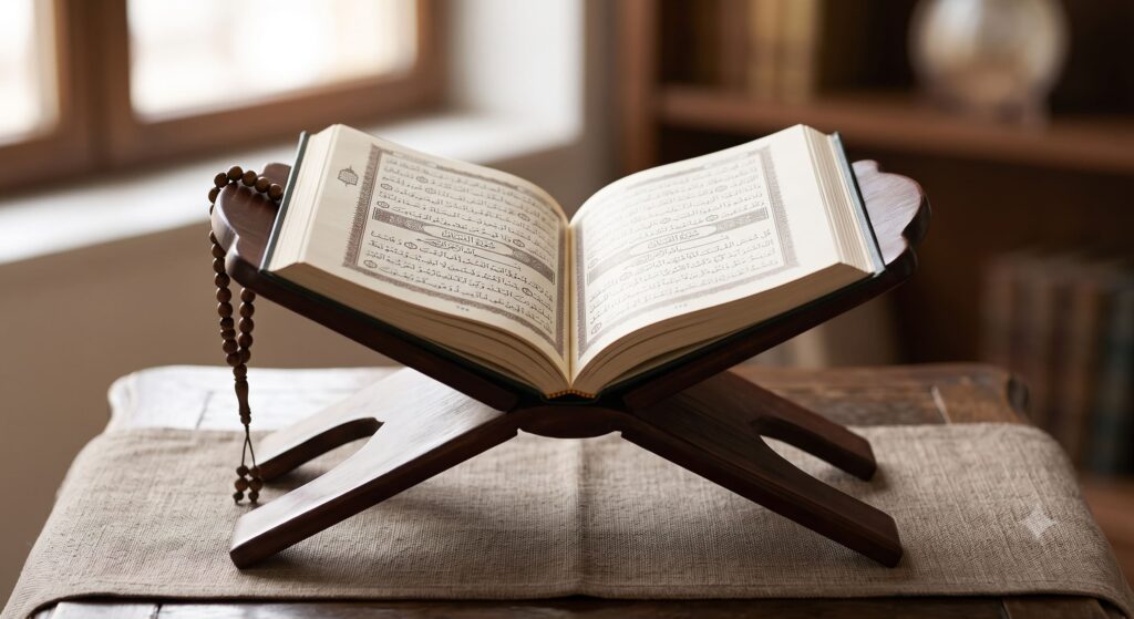 An open Holy Quran placed on a wooden stand (Rehal) with prayer beads, representing how to read Quran correctly with Tajweed.