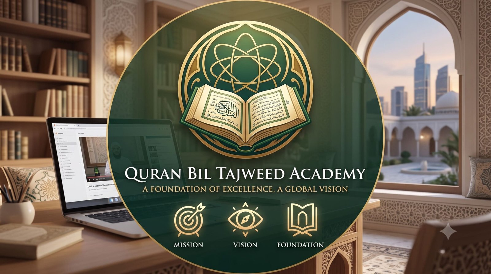 About Us page featured image for Quran Bil Tajweed Academy showcasing online learning with the mission, vision, and foundation core pillars.
