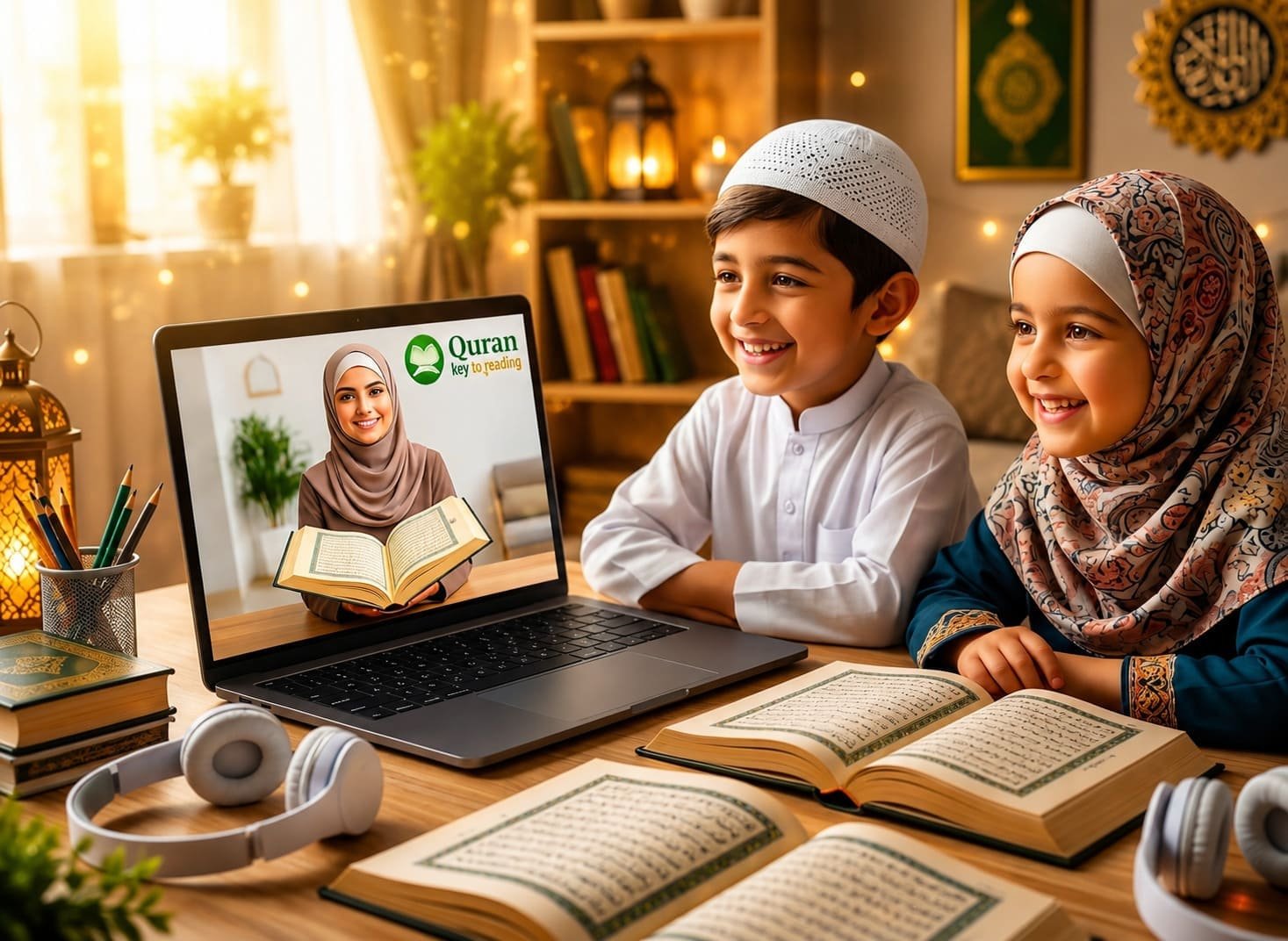 Online Quran classes for kids with certified female Tajweed tutor on laptop