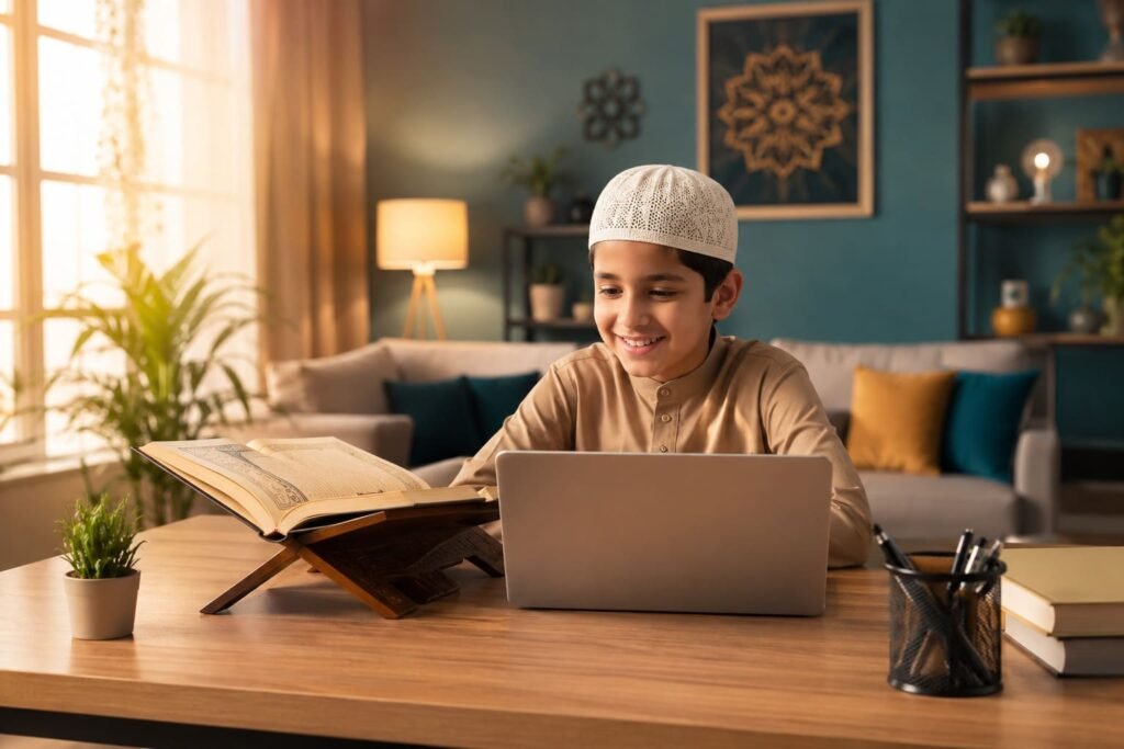 Young Muslim child sitting at home desk with open Quran on rehal stand, learning Quran with Tajweed online via laptop.