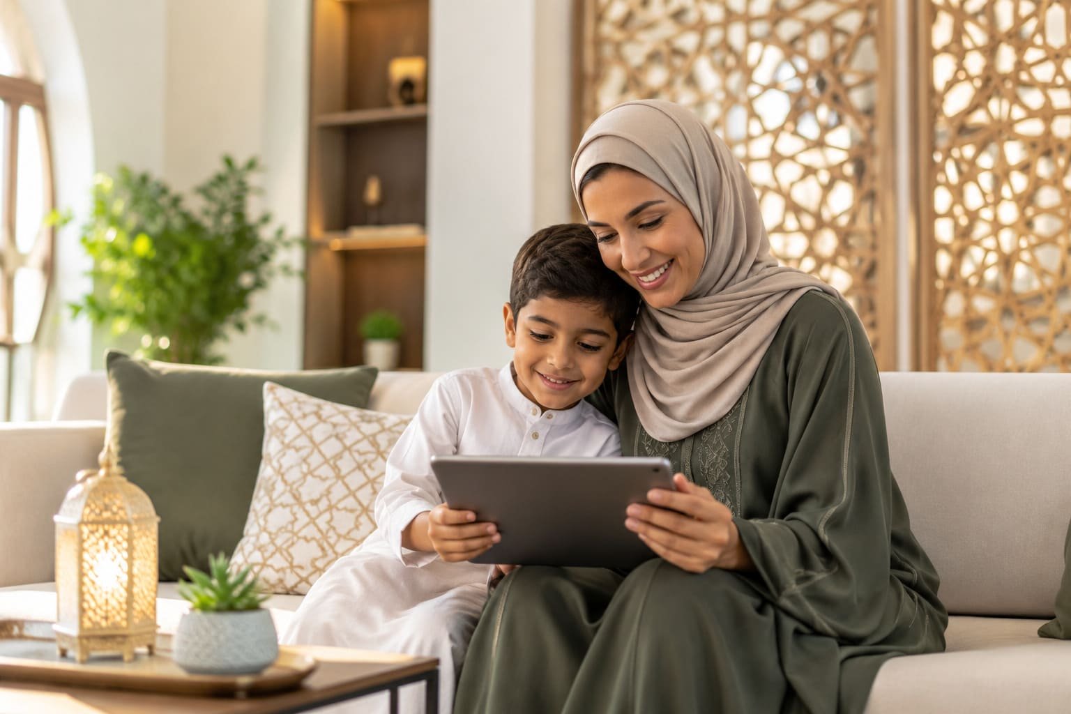 Parent supporting child during online Quran class Learn Quran with Tajweed for kids online with parent guidance at home