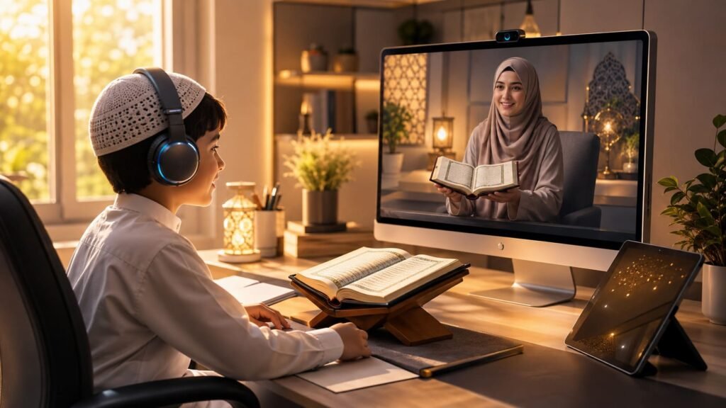 A young child engaging in an interactive online Quran class with a professional female tutor on a modern desktop monitor.