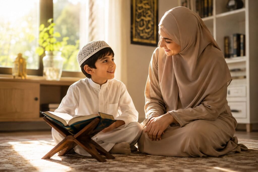 A Muslim parent smiling and listening carefully to their young child recite Surah Al-Fatiha from the Quran at home.
