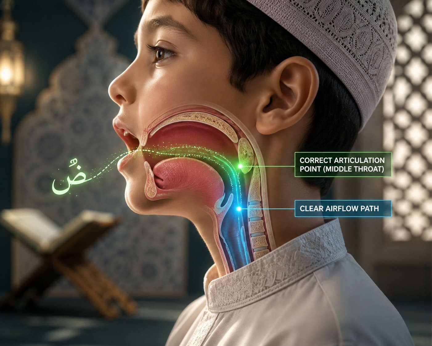 An educational diagram showing the correct Makharij pronunciation points in the throat and mouth to help kids fix common Tajweed mistakes.